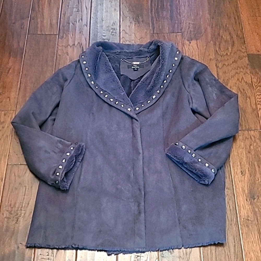 Dennis Basso Charcoal Grey Faux Fur Lined Coat with Fringe Hem size XL